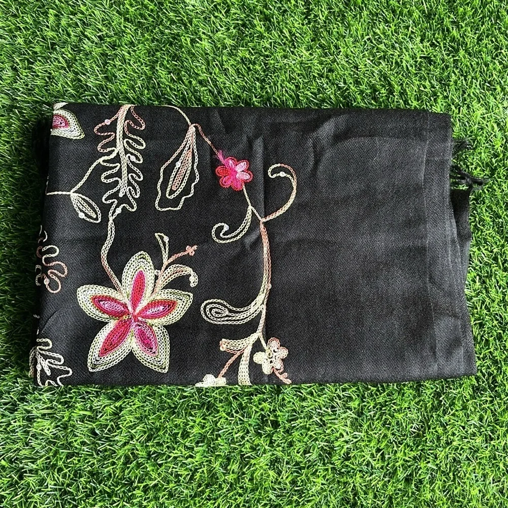 Black Flower Embroidered Scarf